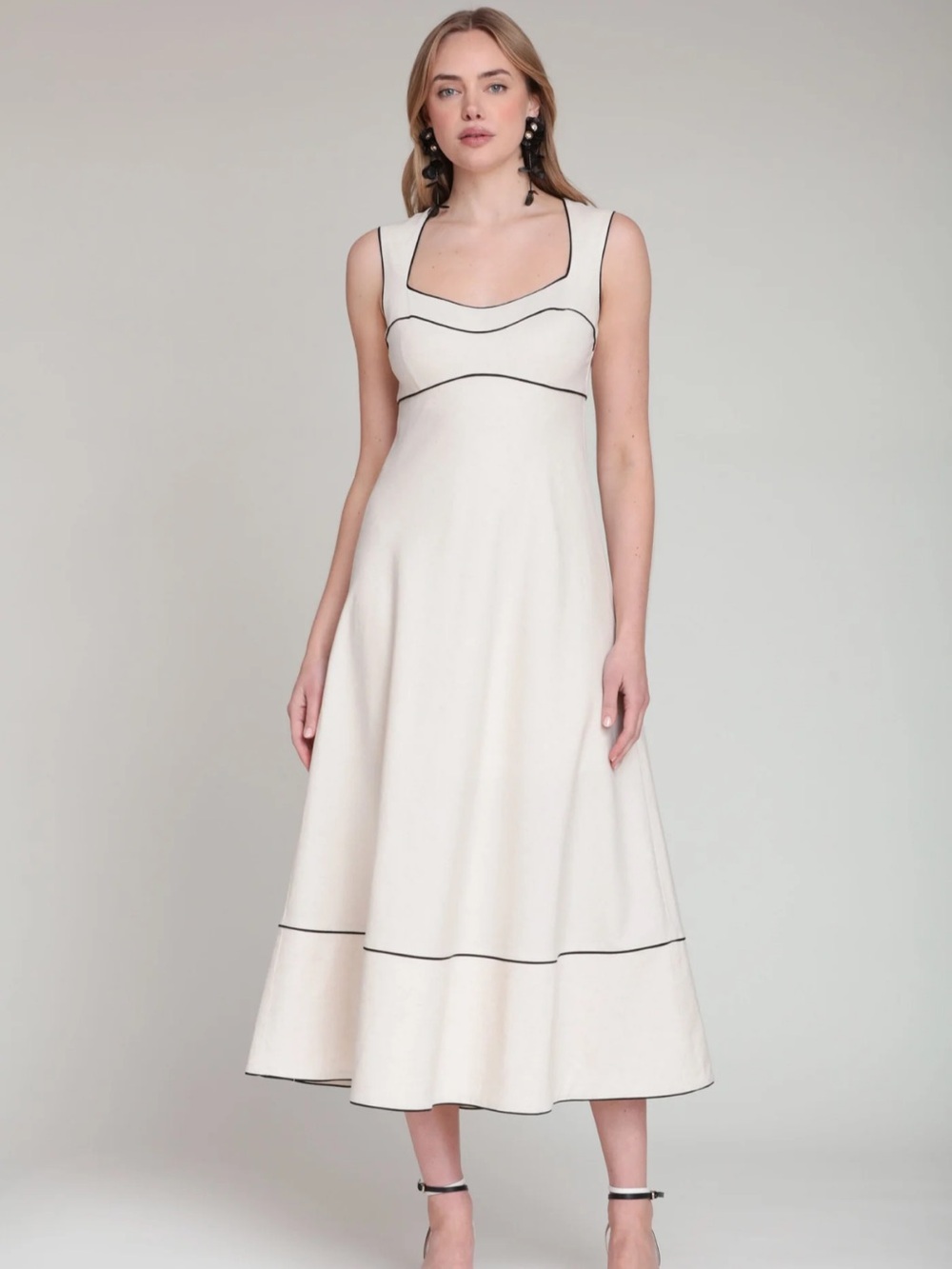 Avec Les Filles Cream Midi Dress with Black Trim
